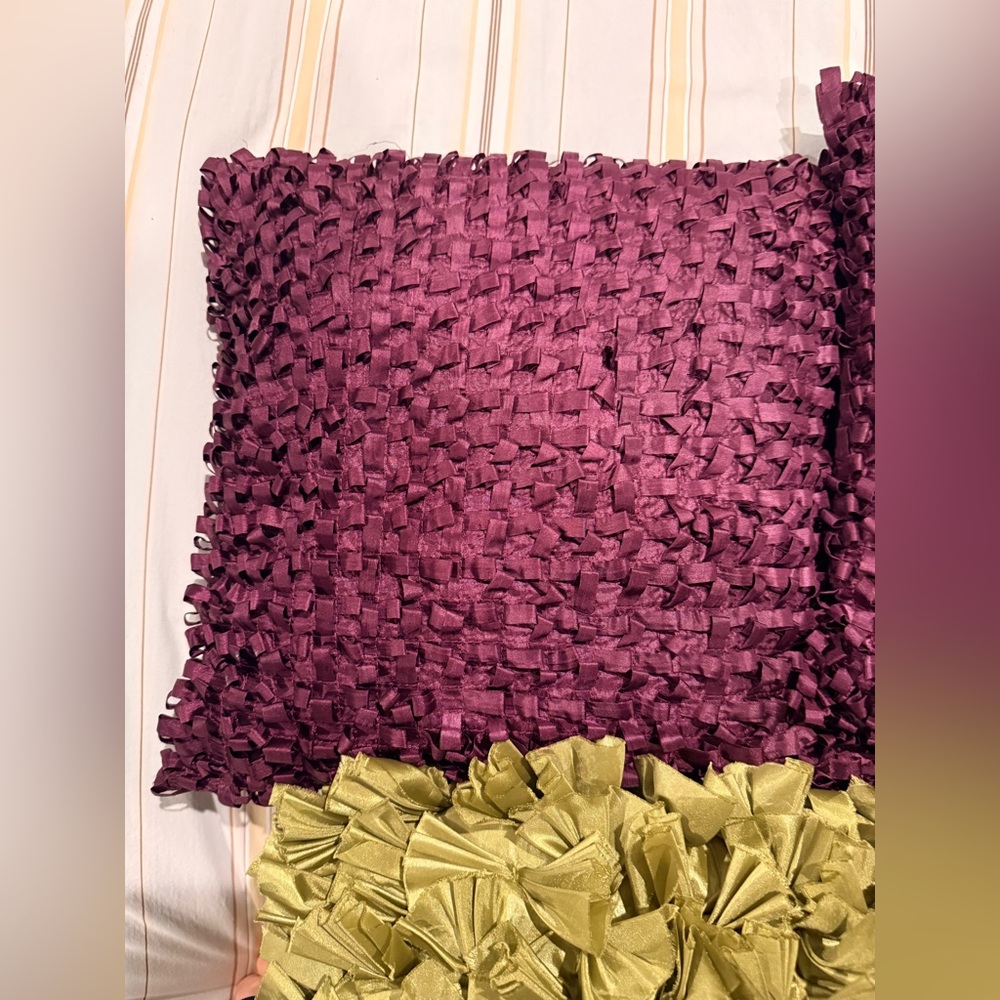 Boho Throw Pillow Bundle - Green Fringe & Textured Purple (Set of 3) - Picture 4 of 9